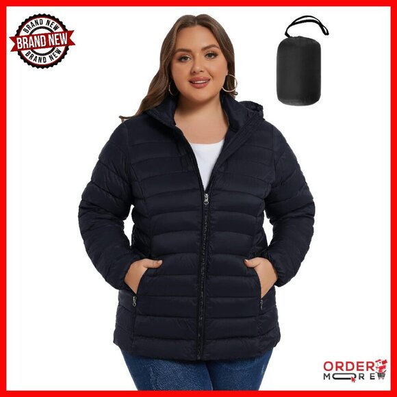 Plus Size Packable Puffer Coat Lightweight Winter Jacket with Hood